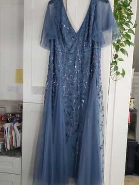 Ever Pretty Dusty Blue Sequined Tulle Maxi Dress with V-Neck